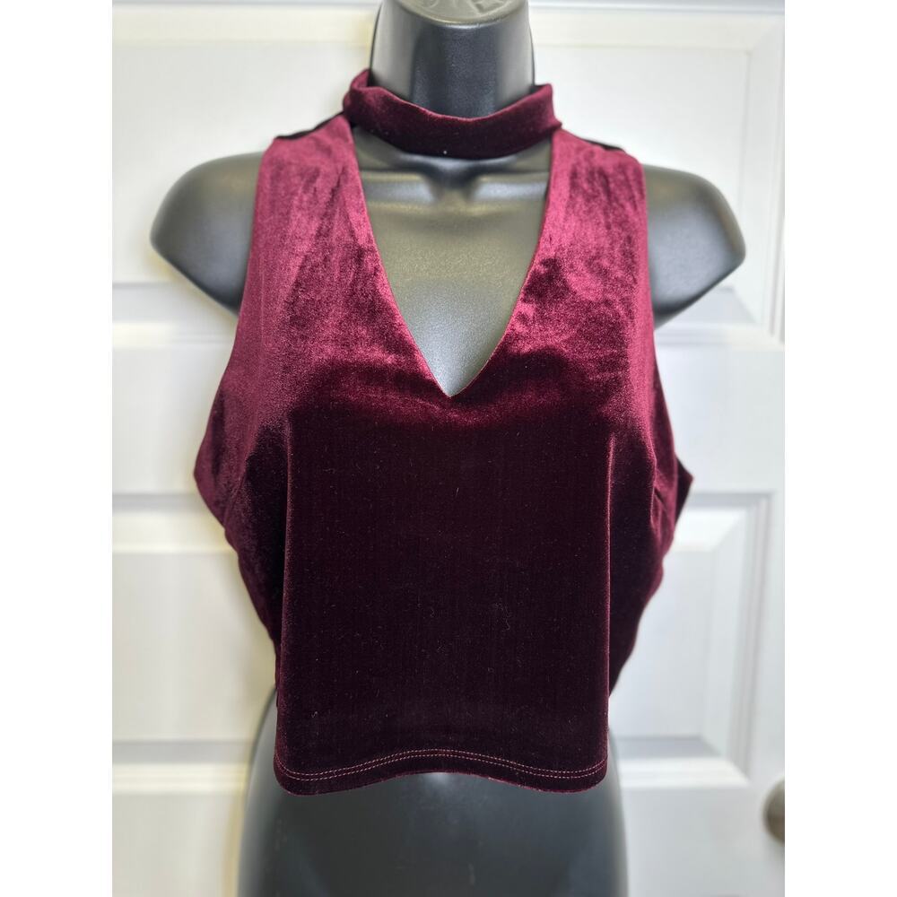 One Love Clothing Y2K Halter Neck Velvet Crop Top V Neck Rave Top Women's Large